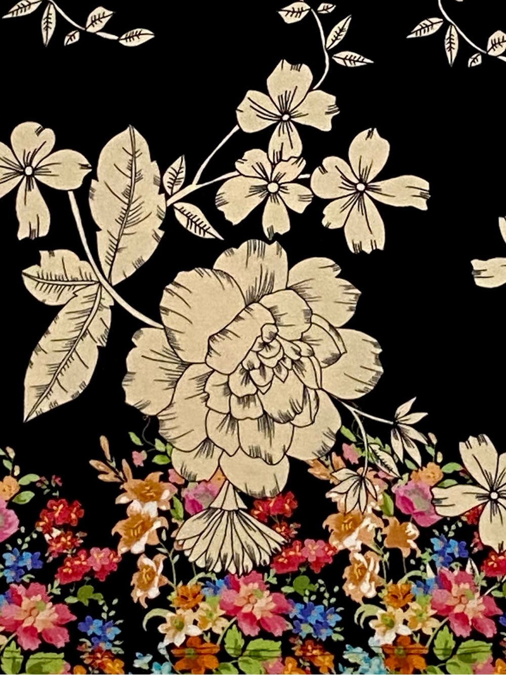Johnny Was Redland Favorite Top Black Base Cream Floral Print Multi Color Border - Picture 5 of 12